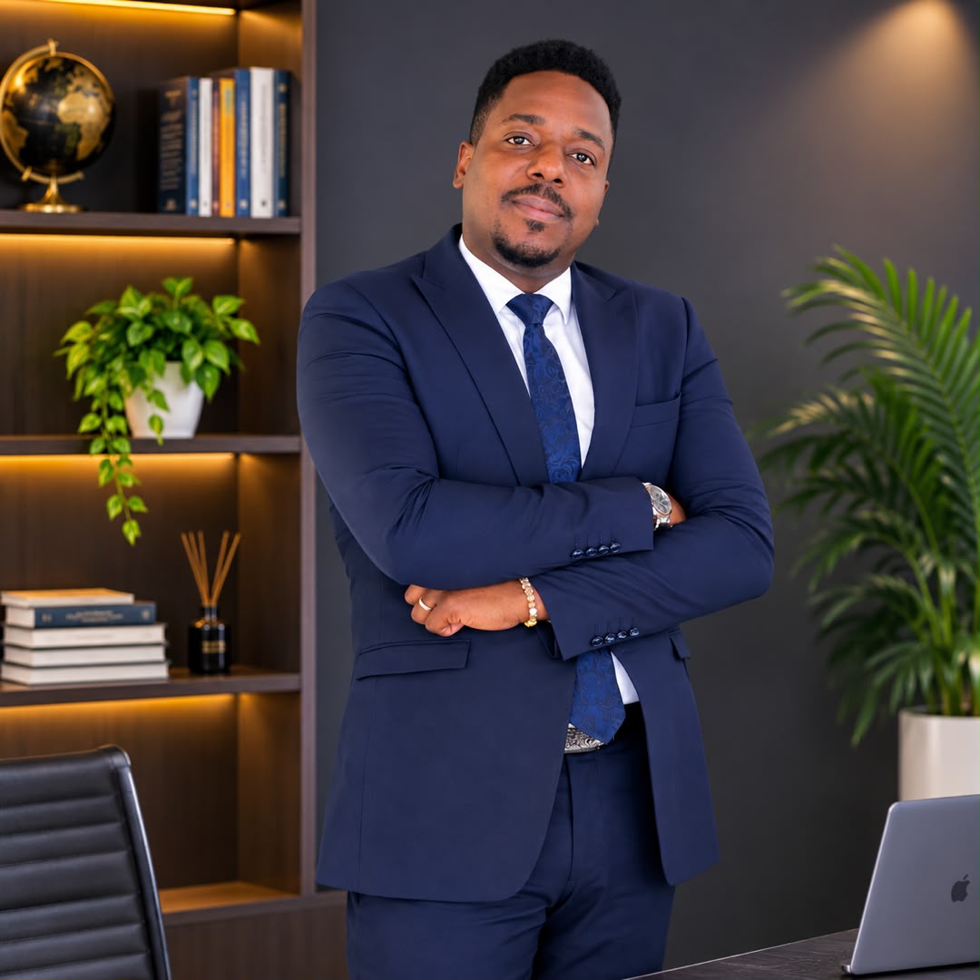 Portrait of Davis Ubah, lawyer and hospitality consultant, in his office
